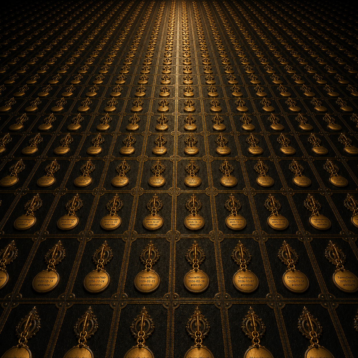 A monumental black and gold wall of turned keys.
